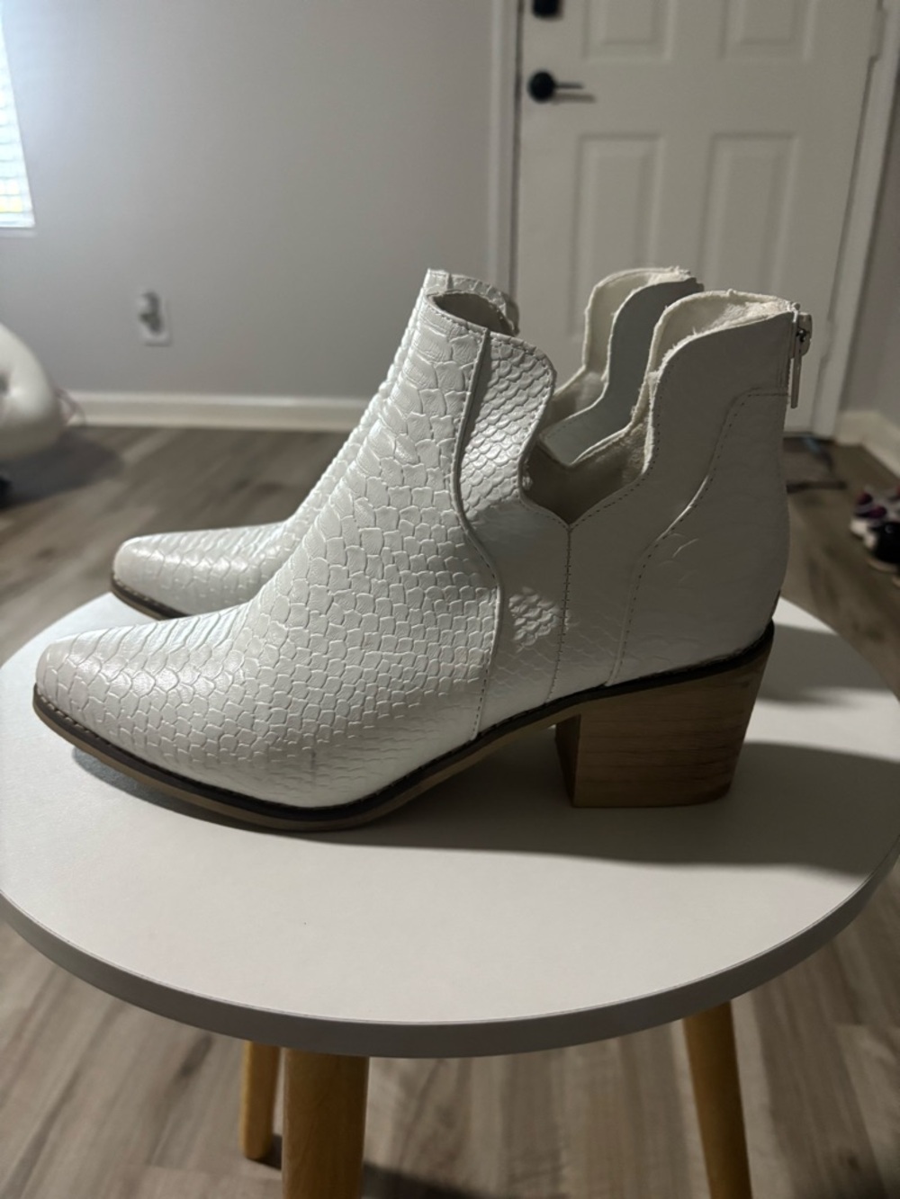 White Textured Ankle Booties with Block Heel
